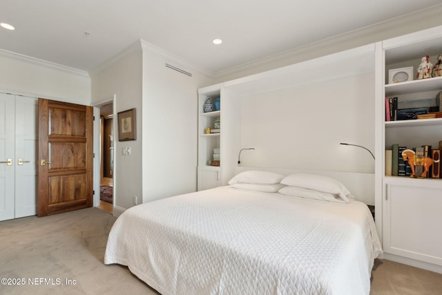 bedroom featuring light carpet, crown molding, and recessed lighting