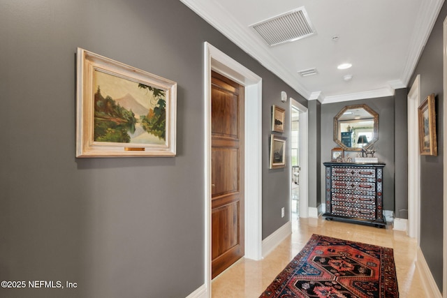 hall with crown molding, recessed lighting, and baseboards