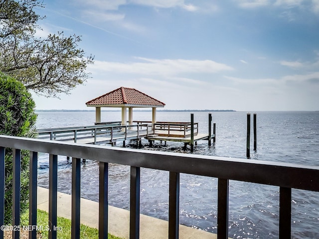 dock area featuring a water view and a gazebo