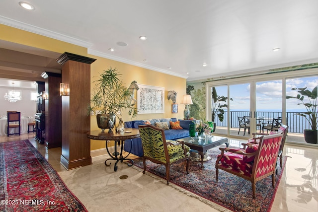 living area featuring ornamental molding, recessed lighting, and baseboards