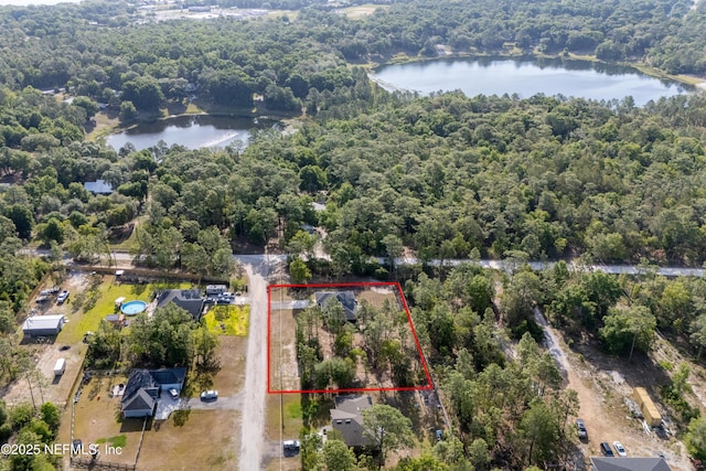 aerial view with a water view and a view of trees