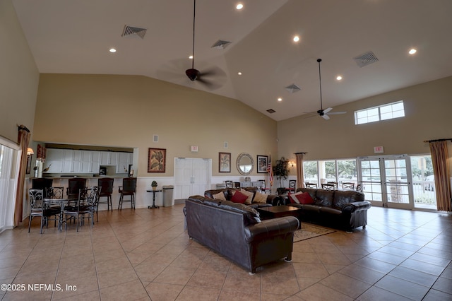 14526 Starbuck Springs Way, Jacksonville, FL 32258 - living area featuring ceiling fan, high vaulted ceiling, light tile patterned floors, and recessed lighting