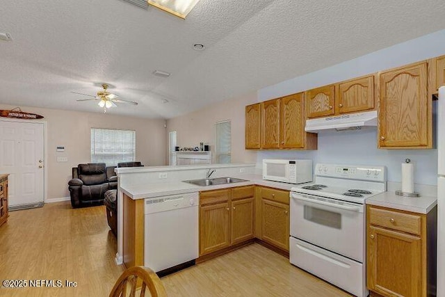 kitchen featuring white appliances, under cabinet range hood, a sink, and light wood-type flooring