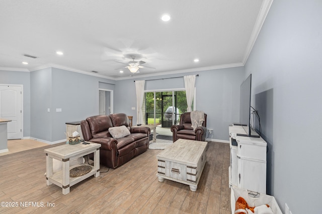 221 Saint Kitts Loop, Saint Augustine, FL 32092 - living room featuring ceiling fan, recessed lighting, light wood-style floors, and crown molding