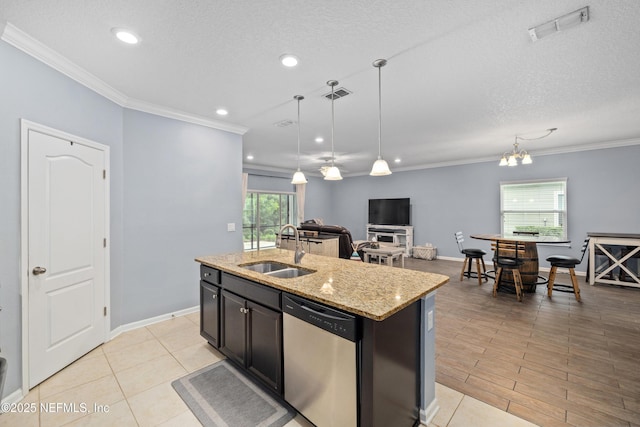 221 Saint Kitts Loop, Saint Augustine, FL 32092 - kitchen with dishwasher, crown molding, recessed lighting, open floor plan, and hanging light fixtures