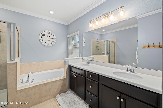 221 Saint Kitts Loop, Saint Augustine, FL 32092 - full bath with a stall shower, a bath, tile patterned flooring, double vanity, and crown molding