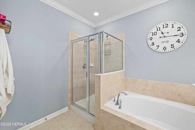 221 Saint Kitts Loop, Saint Augustine, FL 32092 - bathroom featuring a garden tub, a shower stall, tile patterned flooring, ornamental molding, and recessed lighting
