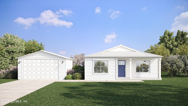 view of front facade with a garage, an outbuilding, concrete driveway, and a front yard
