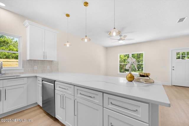 kitchen featuring a sink, light wood-style floors, a ceiling fan, and dishwasher