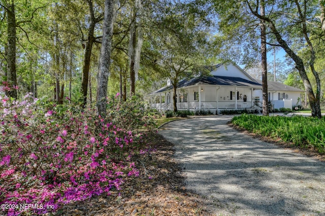 farmhouse-style home featuring a porch and driveway