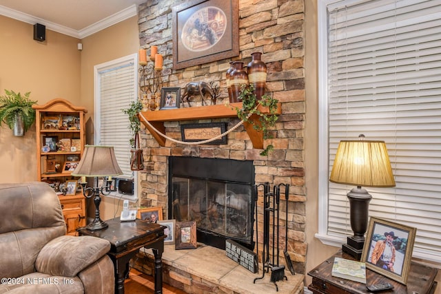 living area with crown molding and a stone fireplace