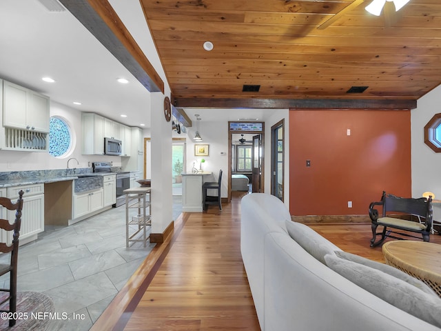 70 Weeden St + Guest House, Unit Guest House, Saint Augustine, FL 32084 - living room featuring wooden ceiling, baseboards, ceiling fan, and recessed lighting