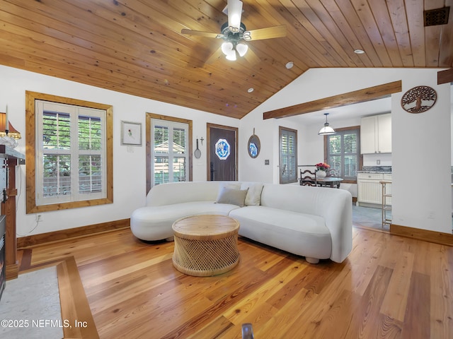 70 Weeden St + Guest House, Unit Guest House, Saint Augustine, FL 32084 - living area with a ceiling fan, light wood-type flooring, baseboards, wooden ceiling, and lofted ceiling
