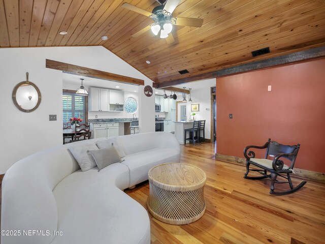 70 Weeden St + Guest House, Unit Guest House, Saint Augustine, FL 32084 - living area with wood ceiling, light wood-type flooring, baseboards, ceiling fan, and lofted ceiling