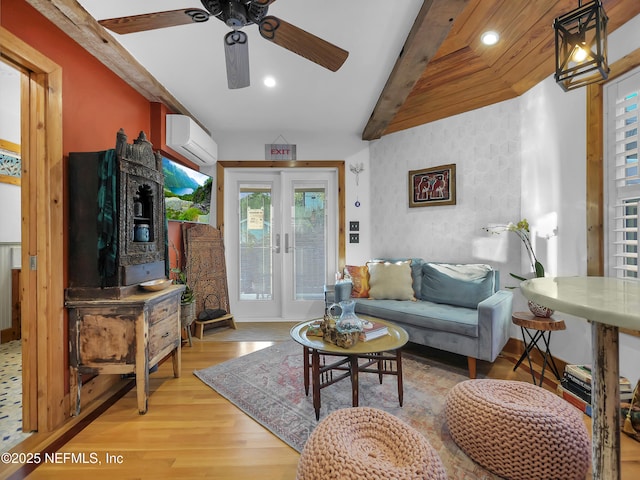 70 Weeden St + Guest House, Unit Guest House, Saint Augustine, FL 32084 - living room featuring french doors, a ceiling fan, beam ceiling, light wood-type flooring, and an AC wall unit