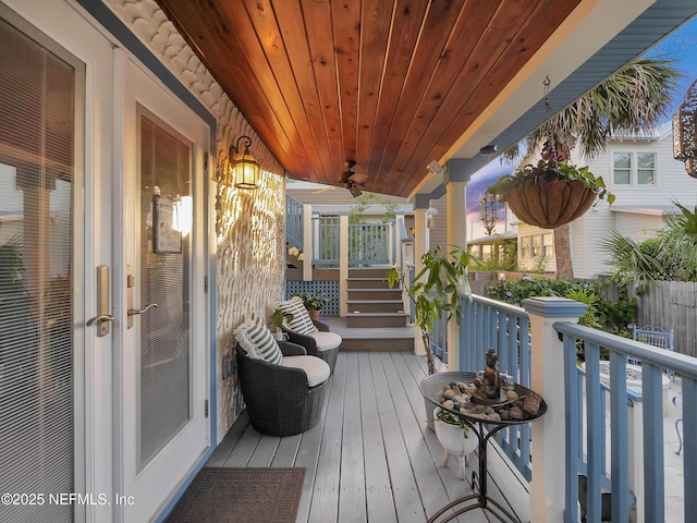 70 Weeden St + Guest House, Unit Guest House, Saint Augustine, FL 32084 - wooden terrace featuring stairway and ceiling fan