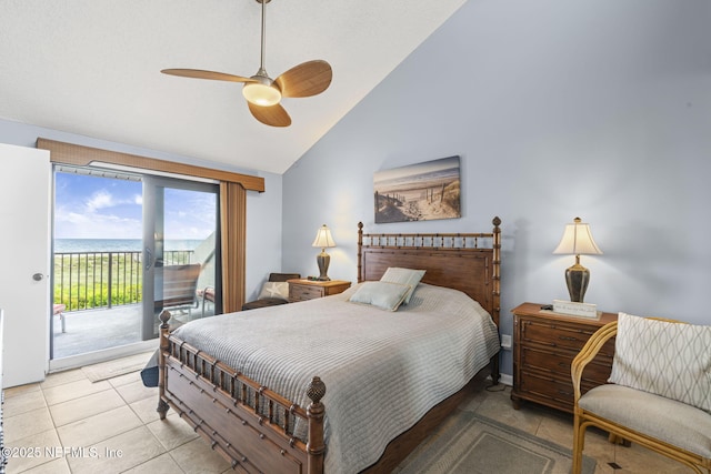 890 A1A Beach Blvd Unit 39, Saint Augustine, FL 32080 - bedroom featuring access to outside, a water view, high vaulted ceiling, a ceiling fan, and light tile patterned floors