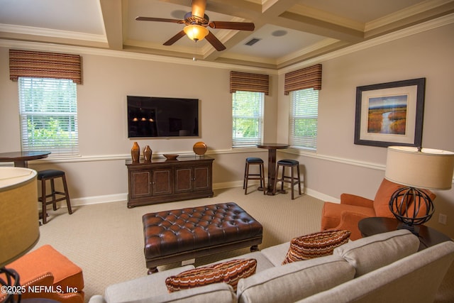 71 Utina Way, Saint Augustine, FL 32084 - carpeted living area with coffered ceiling, ceiling fan, crown molding, and visible vents
