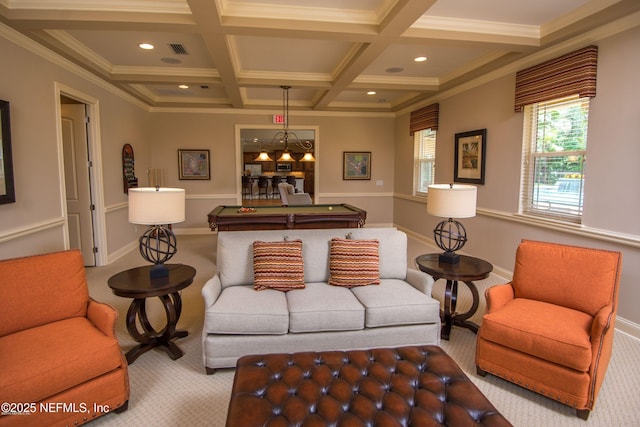 71 Utina Way, Saint Augustine, FL 32084 - living room featuring beam ceiling, carpet, visible vents, recessed lighting, and coffered ceiling