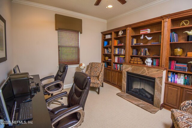 71 Utina Way, Saint Augustine, FL 32084 - carpeted office with recessed lighting, ceiling fan, crown molding, a premium fireplace, and baseboards