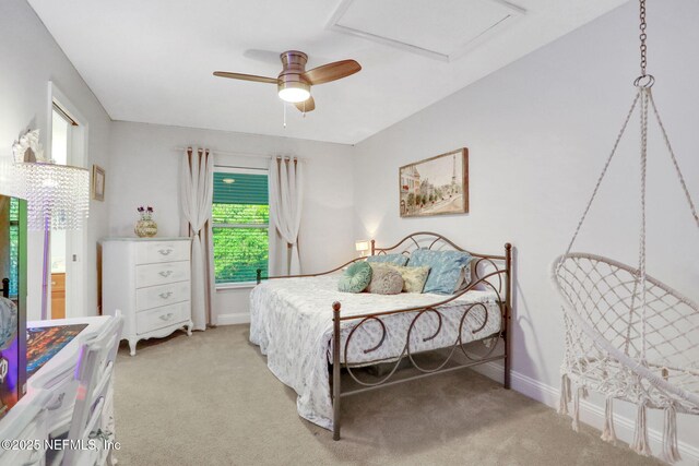 105 Calle Norte, Saint Augustine, FL 32095 - bedroom with light carpet, a ceiling fan, attic access, and baseboards