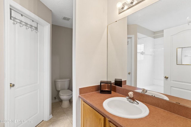 full bathroom with toilet, visible vents, tile patterned flooring, a shower, and vanity