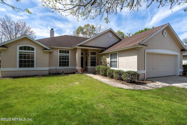 single story home featuring driveway, a garage, stucco siding, a front lawn, and a shingled roof