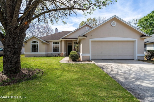 single story home featuring a garage, stucco siding, a front lawn, roof with shingles, and driveway