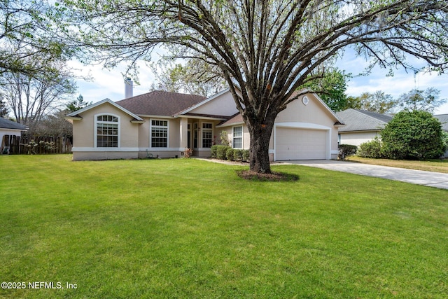 ranch-style home with a front yard, a garage, stucco siding, and driveway