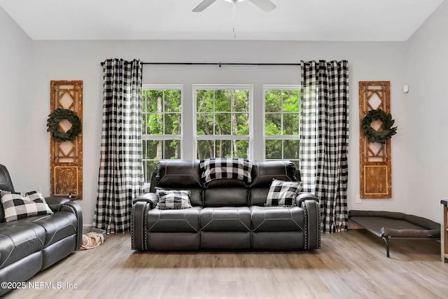 living area featuring ceiling fan, wood finished floors, and a healthy amount of sunlight