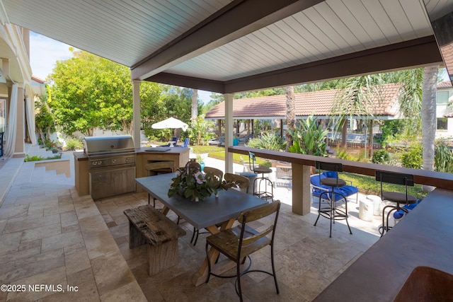view of patio / terrace featuring exterior kitchen, outdoor dining area, and grilling area