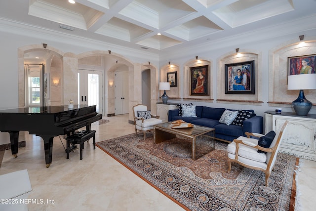 living area with coffered ceiling, crown molding, arched walkways, and beam ceiling