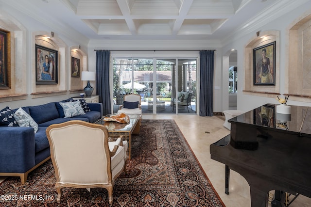 living area with coffered ceiling, crown molding, beamed ceiling, and arched walkways