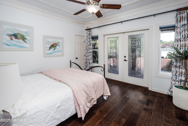 bedroom featuring french doors, access to exterior, crown molding, dark wood-style flooring, and ceiling fan