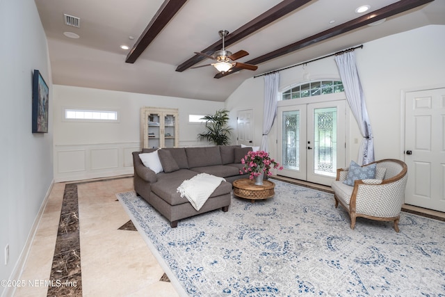 living room with french doors, a ceiling fan, vaulted ceiling with beams, visible vents, and marble finish floor