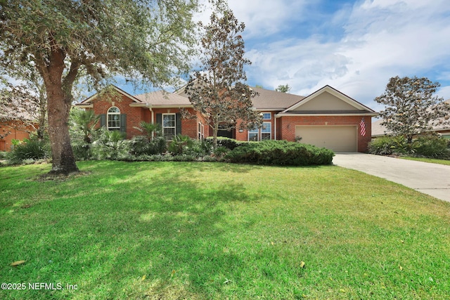 809 Ifield Rd, Saint Augustine, FL 32095 - ranch-style home with brick siding, concrete driveway, a garage, and a front yard