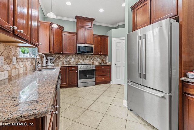13111 Hammock Cir S, Jacksonville, FL 32225 - kitchen featuring appliances with stainless steel finishes, a sink, ornamental molding, light tile patterned flooring, and tasteful backsplash