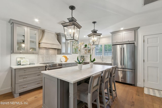 90 Players Club Villas Rd, Ponte Vedra Beach, FL 32082 - kitchen featuring custom exhaust hood, gray cabinetry, visible vents, and appliances with stainless steel finishes
