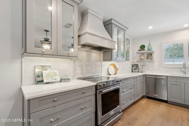 90 Players Club Villas Rd, Ponte Vedra Beach, FL 32082 - kitchen with a sink, stainless steel appliances, gray cabinetry, and custom range hood