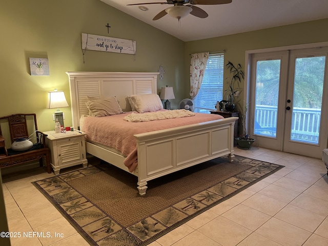 bedroom featuring access to outside, light tile patterned floors, lofted ceiling, french doors, and a ceiling fan