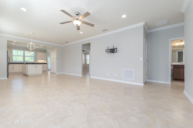 147 Covered Creek Dr, Ponte Vedra, FL 32081 - unfurnished living room featuring a ceiling fan, crown molding, visible vents, baseboards, and recessed lighting