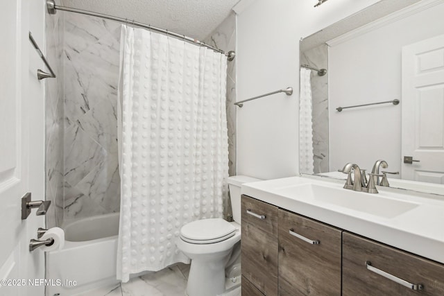 bathroom with toilet, vanity, marble finish flooring, shower / bathtub combination with curtain, and a textured ceiling