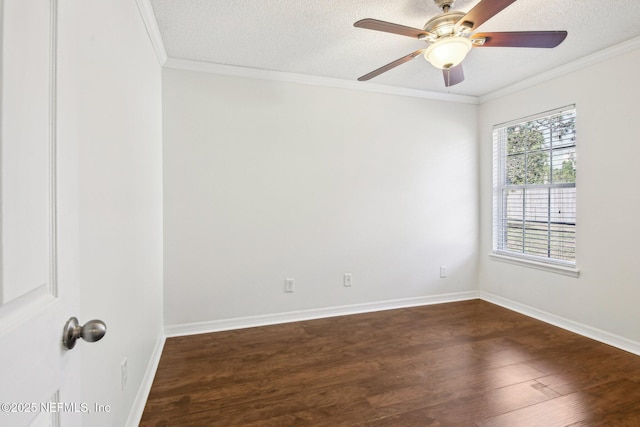 unfurnished room with dark wood-style floors, ceiling fan, a textured ceiling, ornamental molding, and baseboards