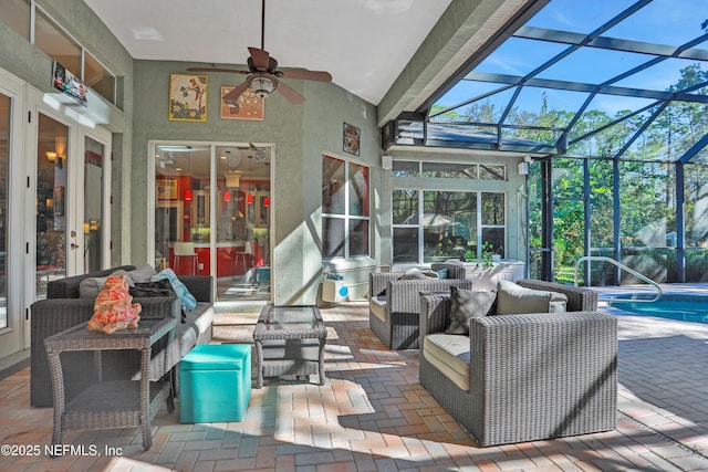 112 Long Branch Way, Saint Augustine, FL 32086 - view of patio / terrace featuring a ceiling fan, glass enclosure, an outdoor pool, and outdoor lounge area