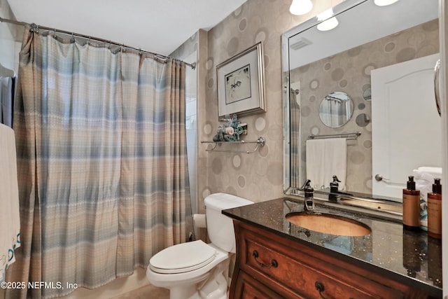 112 Long Branch Way, Saint Augustine, FL 32086 - full bathroom featuring toilet, vanity, visible vents, shower / tub combo, and wallpapered walls