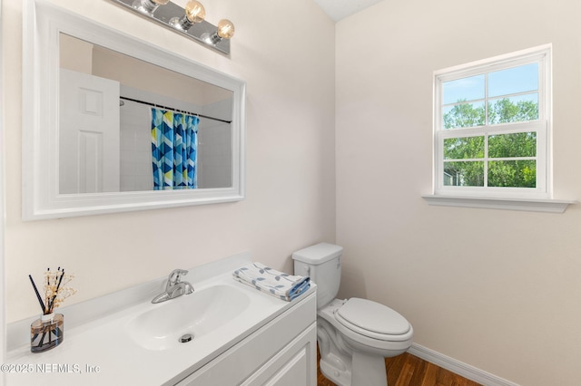 109 N Peachtree St, Hastings, FL 32145 - bathroom featuring vanity, toilet, wood finished floors, baseboards, and a shower with shower curtain