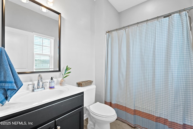 full bathroom featuring vanity, toilet, curtained shower, and tile patterned floors