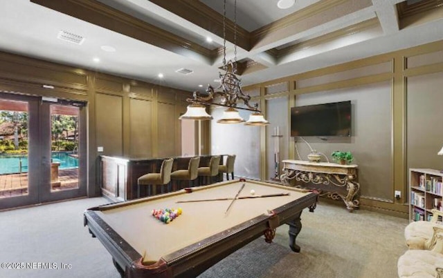 100 Fairway Park Blvd Unit 1809, Ponte Vedra Beach, FL 32082 - rec room featuring carpet, coffered ceiling, beam ceiling, ornamental molding, and pool table