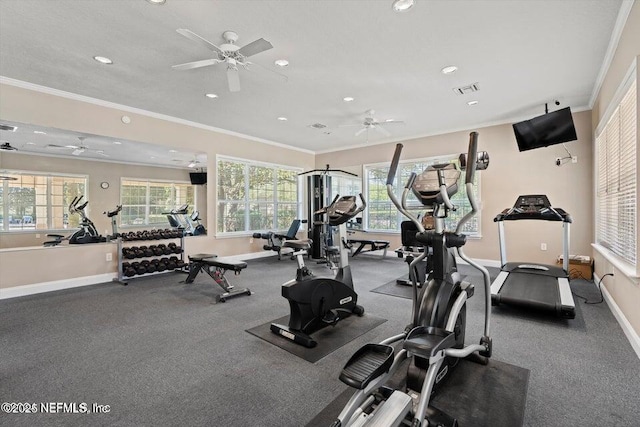 6750 White Blossom Cir Unit 36A, Jacksonville, FL 32258 - gym with crown molding, visible vents, baseboards, ceiling fan, and recessed lighting