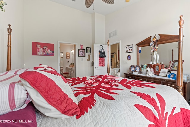 6750 White Blossom Cir Unit 36A, Jacksonville, FL 32258 - bedroom with ceiling fan, ensuite bath, visible vents, and a high ceiling